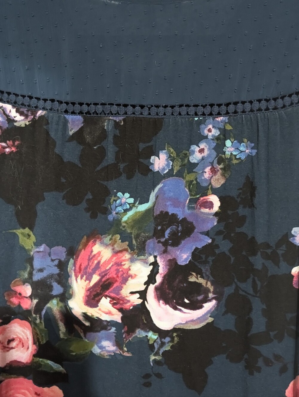 ​🌸 Daniel Rainn Floral Teal Swiss Dot Yoke Blouse Medium Short Sleeve 🌸 - Picture 8 of 9